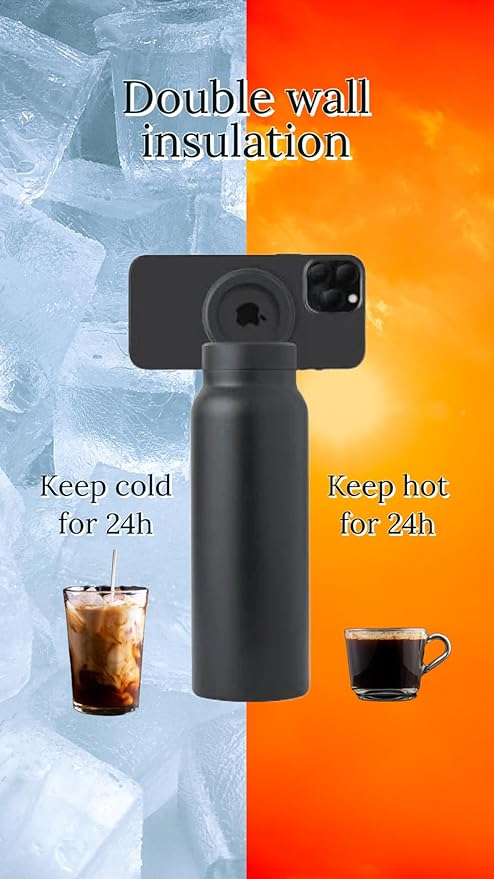 Stainless Steel Water Bottle With Magnetic Phone Holder, medium, red wine, JX-0008