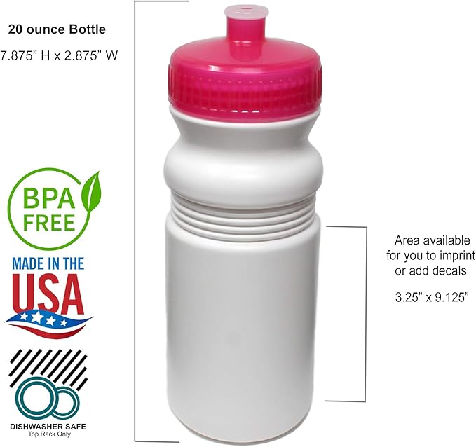 Rolling Sands 20 Ounce Sports Water Bottles 6 Pack, BPA-Free, Made In USA, Dishwasher Safe, White Bottles/Pink
