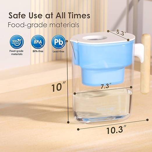 Waterdrop 200-Gallon Long-Life Chubby 10-Cup Large Water Filter Pitcher with 1 Filter, NSF Certified, 5X Times Lifetime, Reduces PFOA/PFOS, Chlorine, BPA Free, Blue