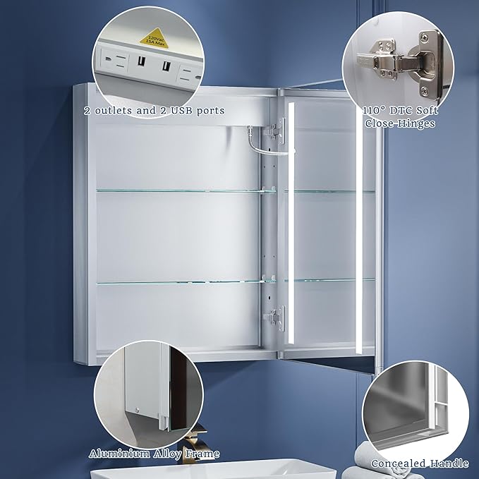 ExBrite LED Lighted Bathroom Medicine Cabinet with Mirror, 20 x 26 Inch, Recessed or Surface Mount, Anti-Fog, Stepless Dimming, Color Temperature Adjustment, 2 Outlets, Storage Shelves, Right Hinge
