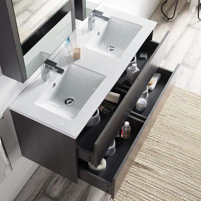 Blossom Valencia Bathroom Vanity with Double Ceramic Sinks and Mirror Medicine Cabinet | All Wood Floating Vanity Cabinet | 2x2 Soft-Closing U-Shaped Cutout Drawers | 48 Inch, Silver Grey