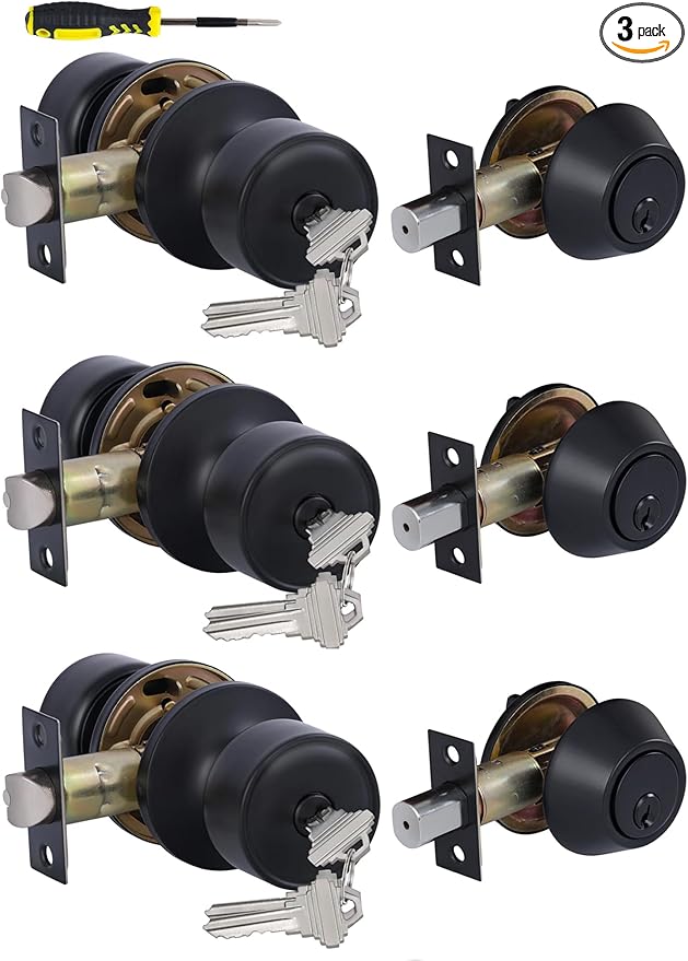 Lanwandeng 3 Sets Keyed Alike Entry Door Knobs and Single Cylinder Deadbolt Lock Combo Set Security for Entrance and Front Door, All Keyed Same Door Lock with Classic Matte Black Finish