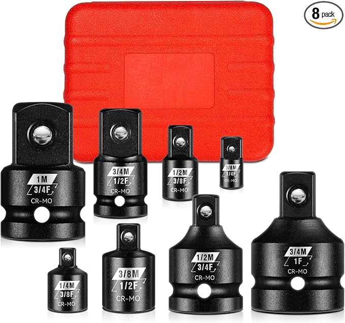 BLACKROBOT Impact Socket Adapter Set 8PCS, 1”3/4”1/2” 3/8”1/4”Square Drive, Reducer for Impact Driver Wrench Drive Conversion, Cr-Mo Steel Exceeds ANSI Standards with Portable Case