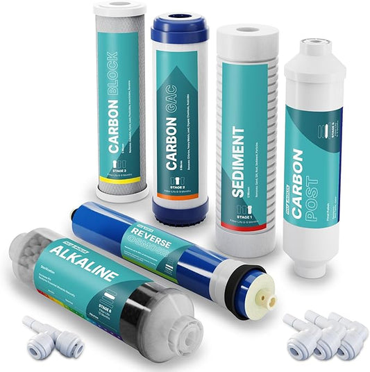 NU Aqua Reverse Osmosis Water Filter System Replacement Set - 6 Stage Alkaline Under Sink Kit - Includes Membrane, Sediment, Carbon Filters & Fittings - Universal Undersink RO Filtration Cartridge