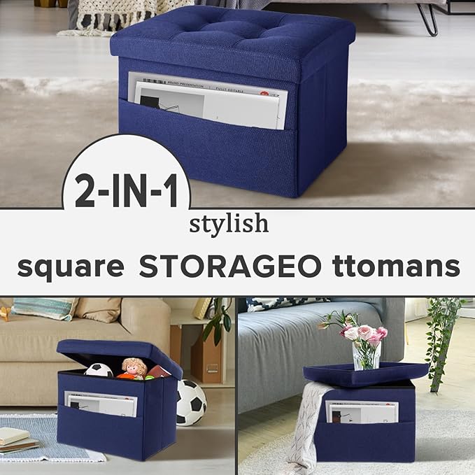 LINMAGCO Storage Ottoman Folding Foot Stool Foot Rest with Side Pocket Modern Ottoman with Storage Short Sofa Stool Linen Cloth 17x13x13(Navy)