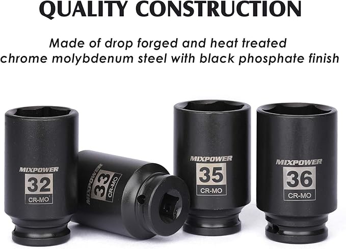 MIXPOWER 4-Piece 1/2'' Drive Deep Impact Socket Set, 6 Point, CR-MO,Metric,32,33,35,36mm, Spindle Axle Nut Impact Socket Set