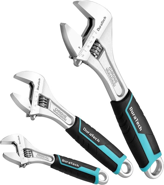 DURATECH 3-piece Adjustable Wrench Set, 6-Inch& 8-Inch& 10-Inch Wrenches, Wide Jaw Wrench, Metric & SAE Scales, Cr-V Steel, for Home, Garage, Workshop