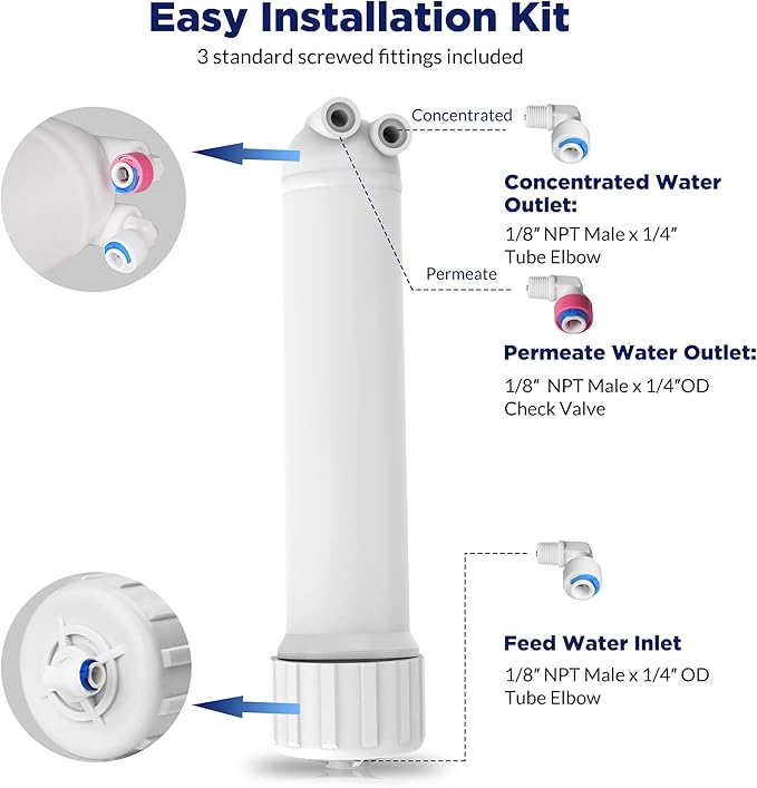 Membrane Solutions 36 GPD RO Membrane and Housing Set, Reverse Osmosis Membrane Replacement with Housing, Wrench, 1/4" Quick-Connect Fittings, Check Valve for Water Filter Purifier