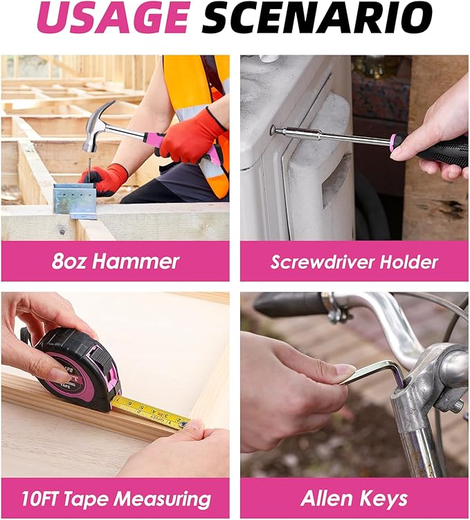 DOWELL 147 Pcs Pink Tool Kit with 12V Cordless Drill with 3/8" Keyless Chuck for Women, Home, Men, Built-in LED, Type-C Charge Cable
