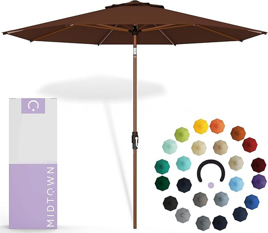 Midtown Umbrellas Sunbrella Umbrella Large Patio Umbrella 2-10 Feet in Bay Brown Acrylic Fabric - Auto-Tilt Aluminum Frame For Backyard Umbrella, Deck Umbrella & Porch Umbrella - Wooden Pole