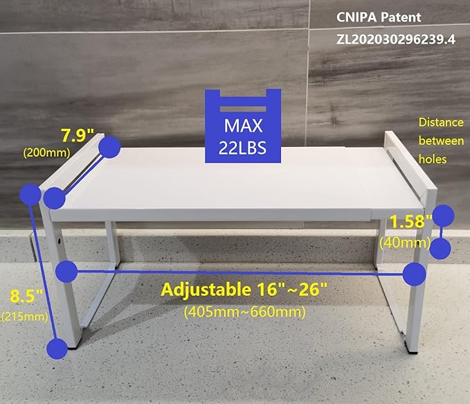 Expandable Cabinet Shelf Organizer 16-26" L Stackable Kitchen Counter Shelf Rack Stand Sink Riser Countertop Storage White (Normal 7.9”D)