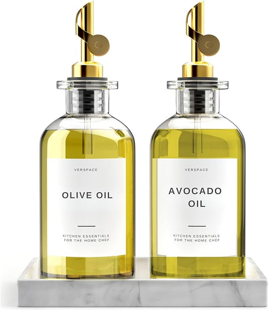 Olive Oil Dispenser For Kitchen With Silicone Tray & 40 Labels, Soy Sauce Dispenser, Coffee Syrup Dispenser, Olive Oil Bottles Set Of 2, Gold 500ml / 17oz