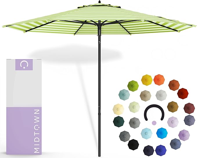 Midtown Umbrellas Push and Pop 10 Feet Outdoor Umbrella, Pear Stripes Polyester Fabric - Fiberglass Ribs Deck Patio Umbrella, Backyard Umbrella, Garden Umbrella & Pool Umbrella - Black Pole