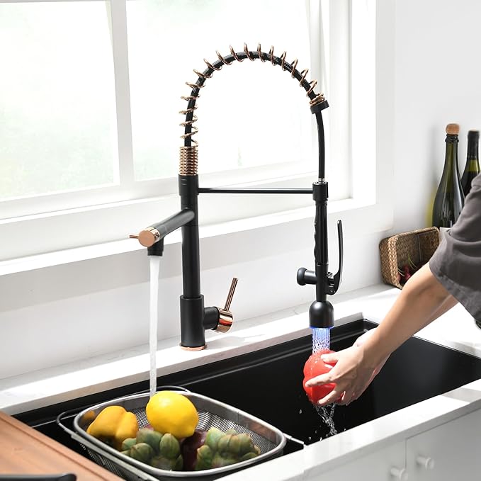 Fapully Commercial Single Handle Pull Down Sprayer Black&Rose Gold Kitchen Faucet,Kitchen Sink Faucet with LED Light