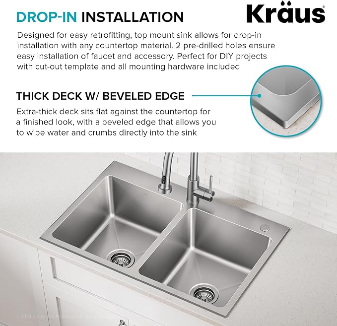 KRAUS Fairlane 33-inch Drop In/Top Mount Double Bowl 18-Gauge Stainless Steel Kitchen Sink, KHT632-33