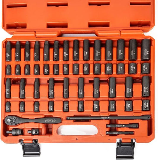 NEIKO 02437A 1/4 Drive Impact Socket Set 54 Piece Metric & Standard, Deep & Shallow Chrome Vanadium Steel 3/8” to 1/4” Reducer Hex Shank Adapter, Metric and Standard, Deep Socket Set