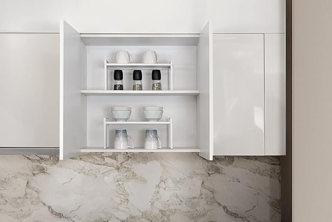 Nxconsu 2Pack Cabinet Shelves Stackable Shelf Organizer Rack Riser for Kitchen Cabinet Pantry Cupboard Counter Countertop Home Organization Storage Space Saver Heavy Duty Metal Nonslip White Wide