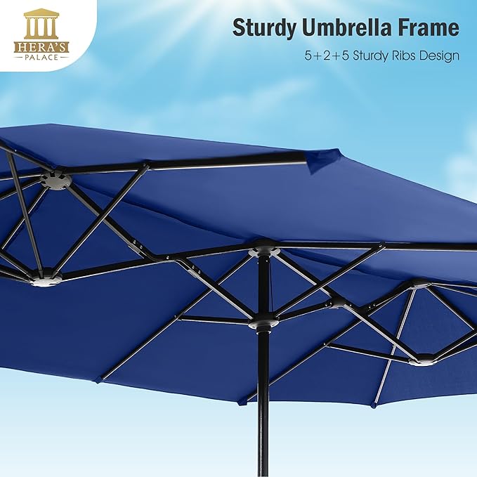HERA'S PALACE 13 ft Large Patio Umbrella Double-Sided Twin Outdoor Market Umbrella with Crank, Powerful UV Protective, Haze Blue