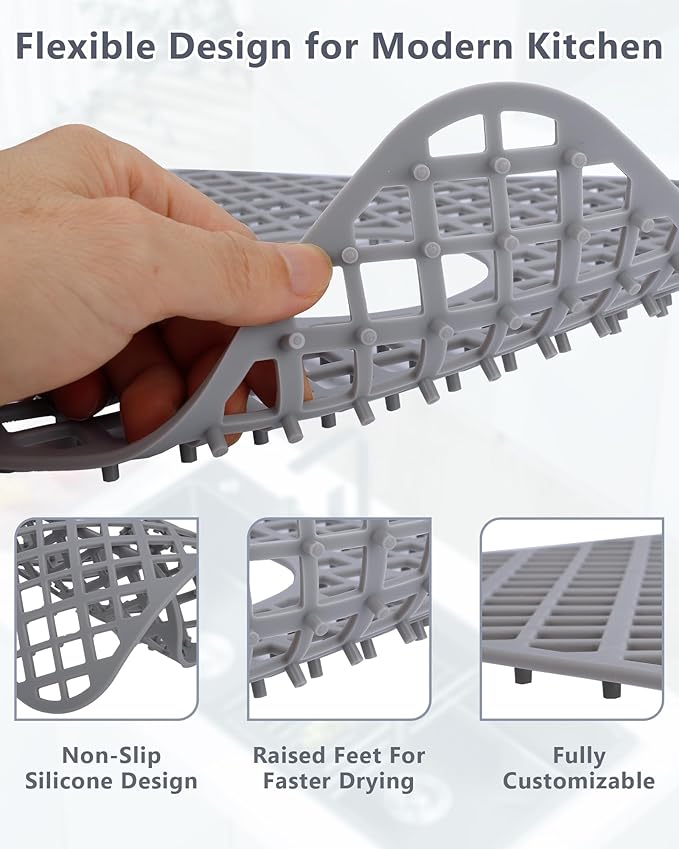 2 Pack Silicone Sink Protector for Kitchen Sink, Lozenge Pattern 12 x 11" Sink Grid Mat Silicone Protectors, Center Drain, Gray