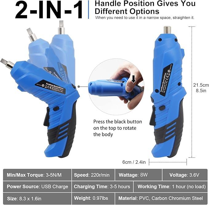 MQFORU Cordless Screwdriver, 48 in 1 Electric Screwdriver, Rechargeable 3.6V Portable Cordless Drills Kit, Dual Position Handle with USB Cable LED Light for Home Office DIY Tools