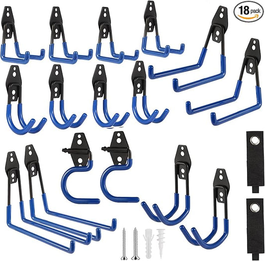 Garage Hook Heavy Duty Wall Storage Hangers, 18 Pack Garage Storage Hooks Steel Tool Blue for Ladders, Ropes, Garden Tools