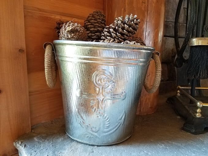 Galvanized Metal Ice Bucket for Drinks or Planter Pail with Rope Handles