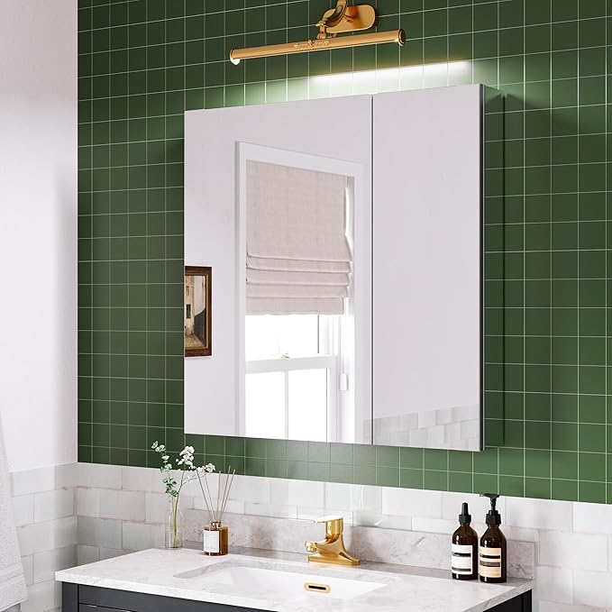 30''×30'' Bathroom Medicine Cabinet, Storage Cabinet with Mirror Door, Vanity Mirror, Blum Hinges Soft-Close Door, Recessed/Surface Mount, Adjustable Glass Shelves