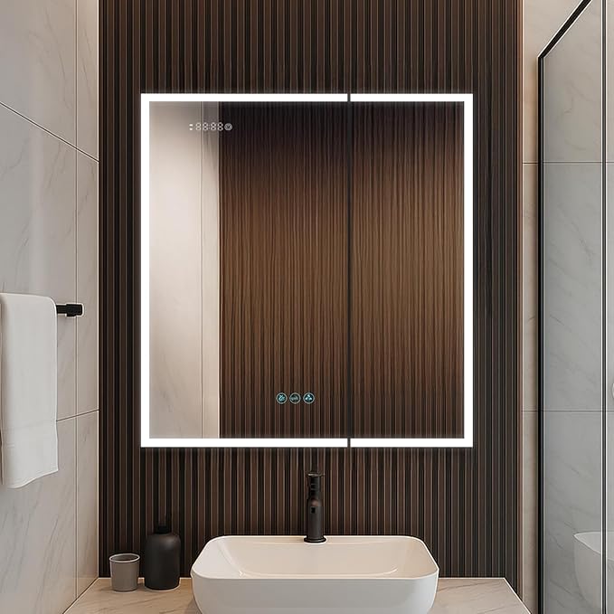 Blossom LED Lighted Mirror Medicine Cabinet, 30x32 Inch | Recessed or Surface Bathroom LED Medicine Cabinet with Mirror, Defogger, 3 Color Dimmer | 3X Makeup Mirror, Outlets & USB Ports