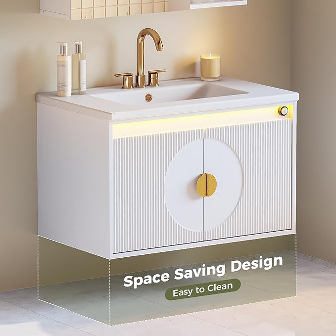 IRONCK Floating Bathroom Vanity with Sink, Mirror Medicine Cabinet, LED Strip Light, 30 Inches Modern Wall Mounted Sink Cabinets & Mirror Cabinets Set with Large Storage Space, White