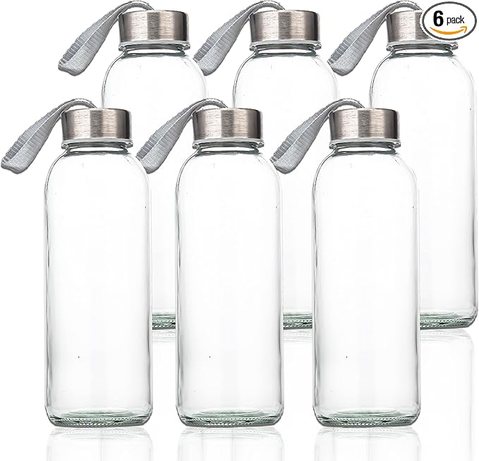 SureSave Glass Water Bottles with Stainless Steel Lids and Sleeves | 16 Oz Reusable Glass Bottles with Carrying Loop for Eco-Friendly Travel Drinks and Beverages (6 Pack)
