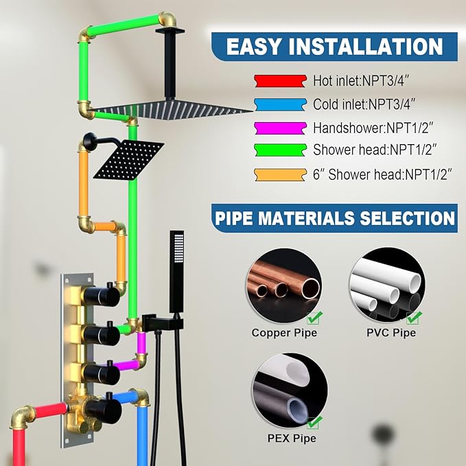 Enga Thermostatic Shower Faucet Set (Eco-Performance), 16 Inch Ceiling Mount Shower Head with 6 Inch Wall Mount Shower Head Dual Shower Faucet Set, All Functions Can operate Simultaneously