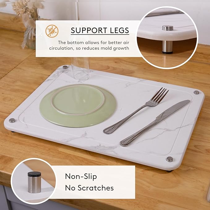 Stone Drying Mat for Kitchen Counter 15.7"x11.8" Marble White, Quick Dry Stone Dish Drying Mat with Legs, Drying Stone for Kitchen Counter Fits Various Dish Racks, Zero Rust Dish Drying Stone