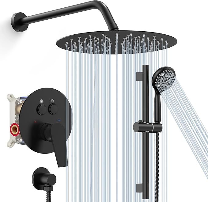SR SUN RISE Matte Black Shower Faucet Set - 10 Inch Rain Shower Head with Adjustable Slide Bar Combo Set - Wall Mounted Rain Shower System Bathroom (Valve and Trim Kit Included)