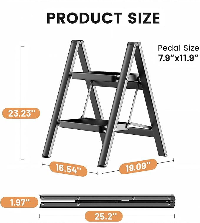 Step Stool, 2 Step Ladder with Anti-Slip and Wide Pedal, Folding Portable Iron Stepladder for Home and Kitchen, 300lbs - Black