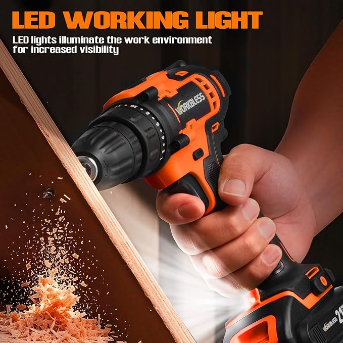 WORKBLESS 21V Power Drill Set, Cordless Drill with 2 Batteries and Charger, 3/8'' Keyless Chuck, Variable Speed, 18+1 Torque Setting and 28pcs Bits Tool Set(Orange)