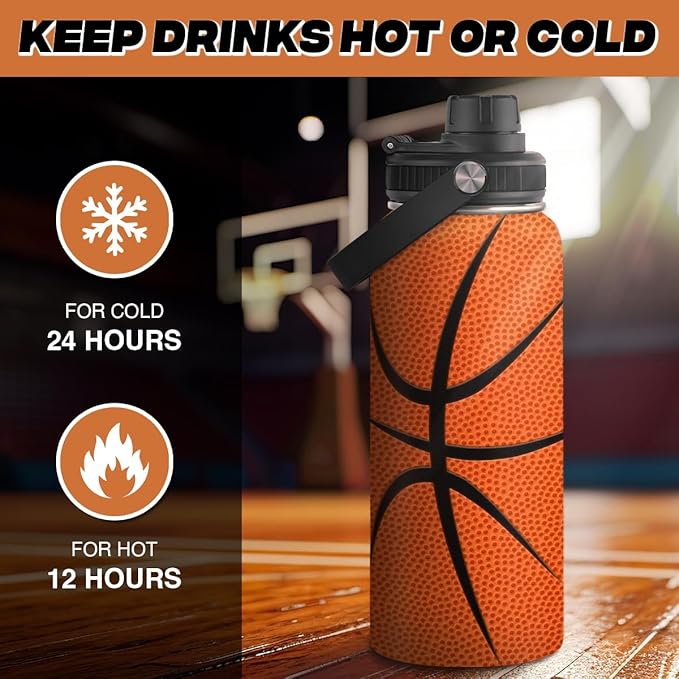 SANDJEST Basketball Water Bottle 32oz Stainless Steel Insulated Bottles for Men Women Sports Lovers Fan Players Coach - Basketball Gifts for Birthday Christmas
