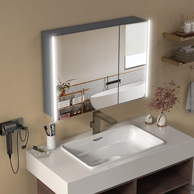 32x24 Inch Medicine Cabinet with LED Light Mirror, Brightneess Adjustable and Full-Assembled Bathroom Aluminum Cabinet with Storage, Surface or Recessed Tempered Cabinet, Farmhouse Black