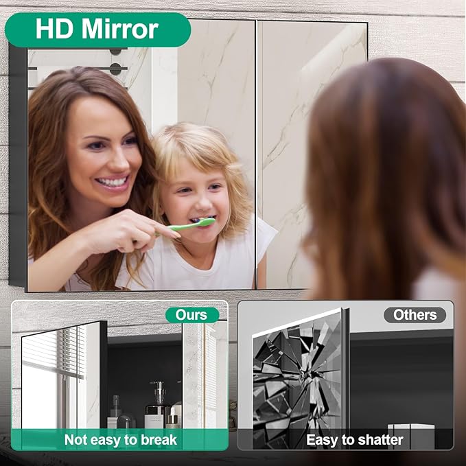 32 x 24 Farmhouse Medicine Cabinet, Tempered Frameless Bathroom Mirror with Storage, Black Recessed or Surface Mount Aluminum Medicine Cabinet for Bathroom Modern