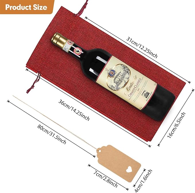 HOMUM 12 Pcs Premium Burlap Wine Bags, Wine Gift Bags with Drawstrings - Reusable Wine Bags, Wine Bottle Bags for Weddings, Parties, Blind Tastings, Christmas, Birthdays, Housewarming, Home Storage (Red)