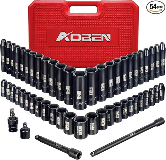 AOBEN 1/4-Inch Drive Impact Socket Set, 54 Pieces, 6 Point, SAE/Metric, (5/32" - 9/16" ，4mm -15mm)，Deep/Shallow, Cr-V Steel, Includes Extension bars and Socket Adapter