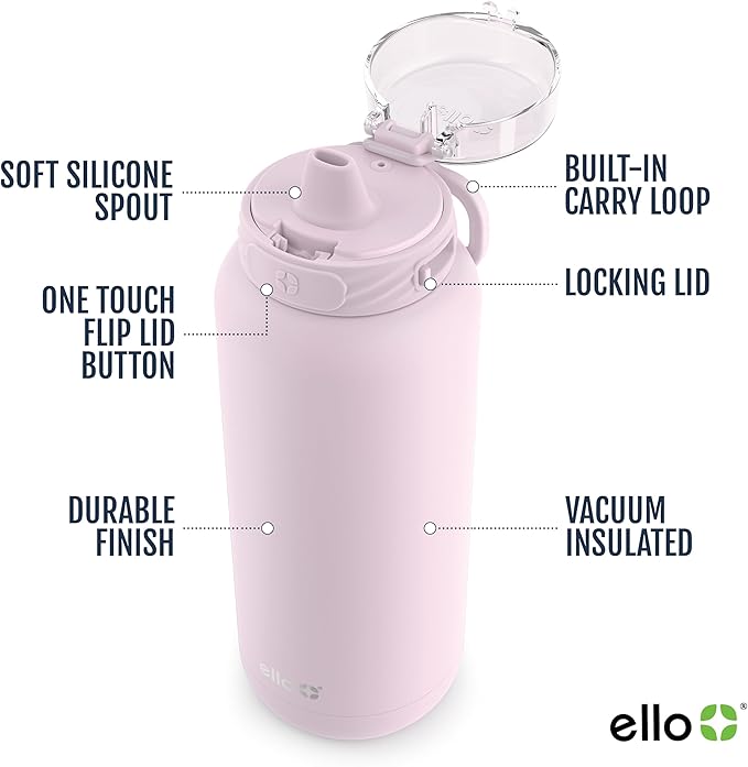 Ello Cooper 22oz Stainless Steel Water Bottle with Straw and Carry Handle, Double Walled and Vacuum Insulated Metal, Leak Proof Locking Lid with Soft Silicone Spout, Reusable, BPA Free, Cashmere Pink