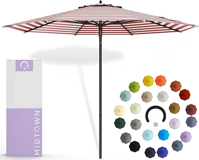 Midtown Umbrellas Push and Pop 10 Feet Outdoor Umbrella, Red/White Stripes Polyester Fabric - Fiberglass Ribs Deck Patio Umbrella, Backyard Umbrella, Garden Umbrella & Pool Umbrella - Black Pole