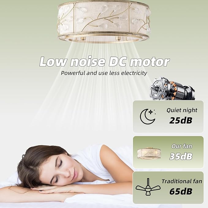 20 Inch Gold Crystal Ceiling Fan with Light, Caged Crystal Ceiling Fan with Light Remote Control, Flush Mount with 6 Speeds for Bedroom, Nursery, Living Room (6 E12 Bulb Includ) (Gold)