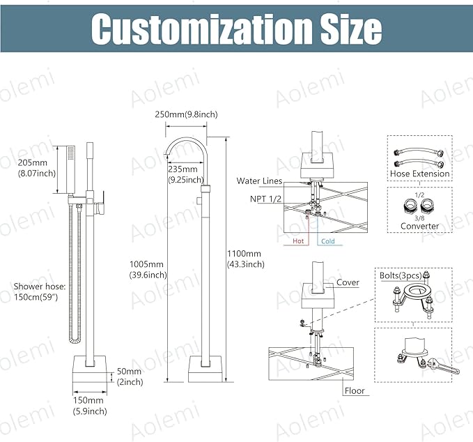 Aolemi Freestanding Tub Filler Brushed Nickel Floor Mount Bathtub Faucet Bathroom Waterfall Brass Tap Single Handle with Handheld Shower Swivel Spout