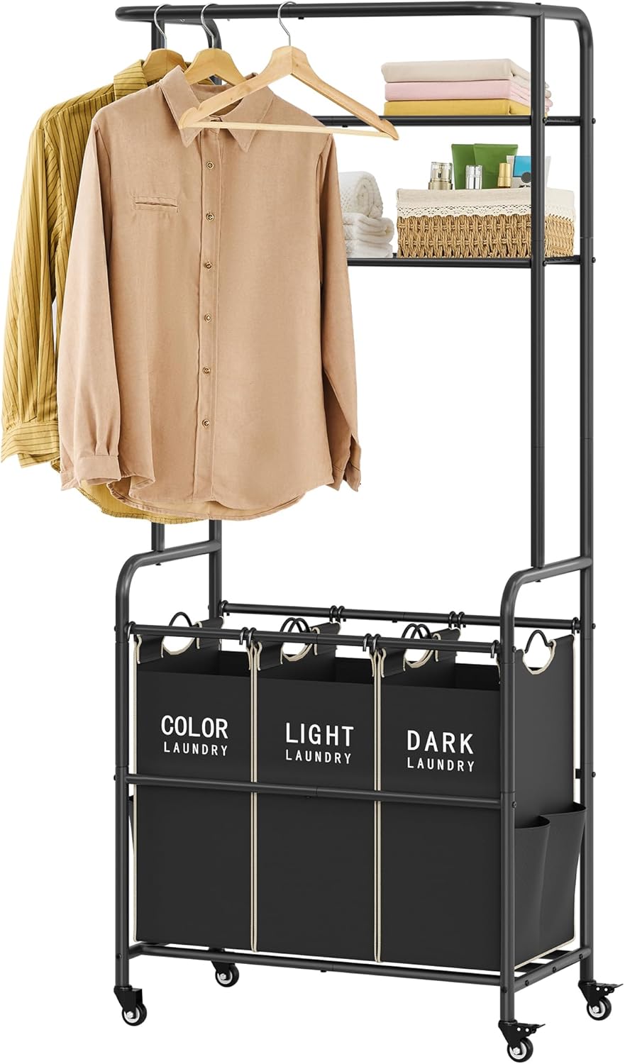 Laundry Sorter 3 Section,Laundry Hamper Cart with Hanging Rack & Removable Bags,Heavy Duty Laundry Basket with Wheels & 2 Tier Shelf,Space-Saving Laundry Basket Organizer for Laundry Room