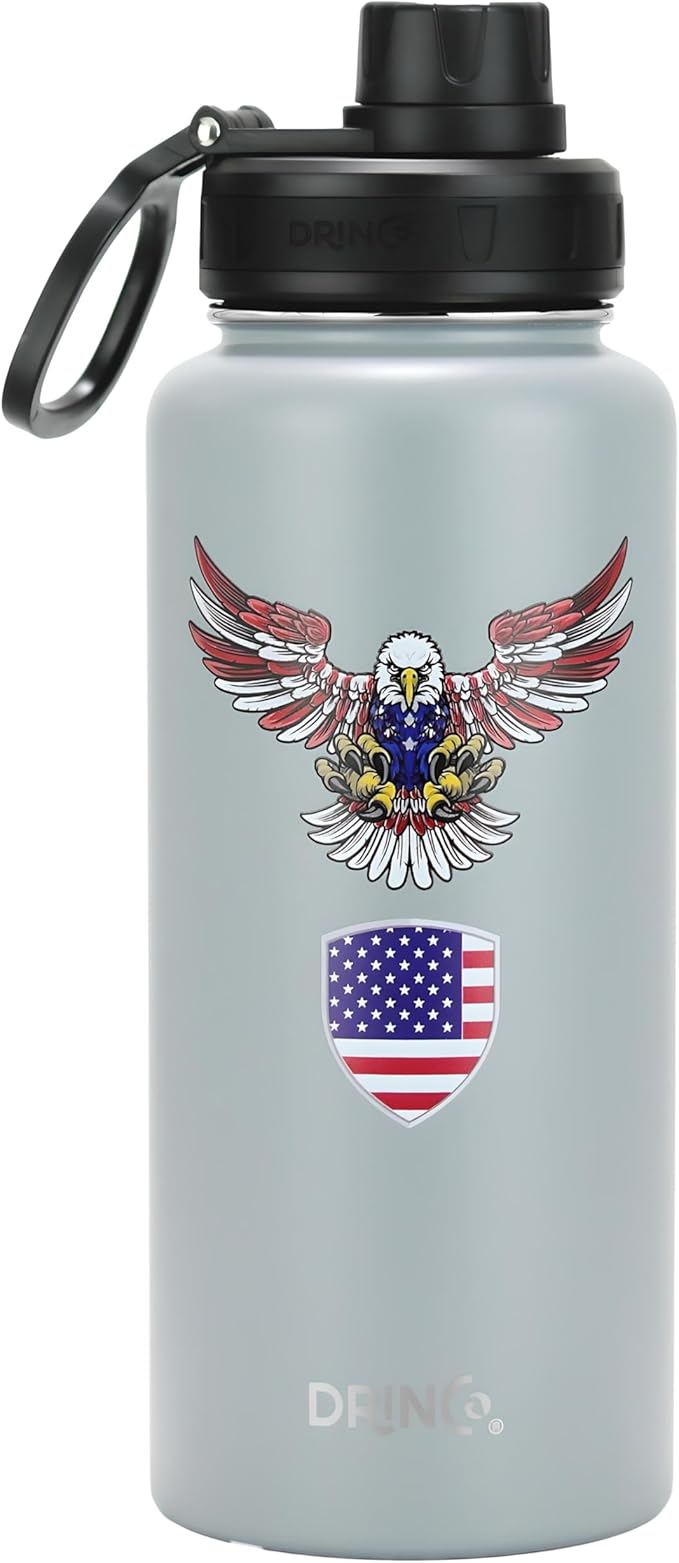 DRINCO Stainless Steel Water Bottle Spout Lid Vacuum Insulated Double Wall Water Bottle USA Flag Military Veteran (32oz Eagle Gray, 32oz)