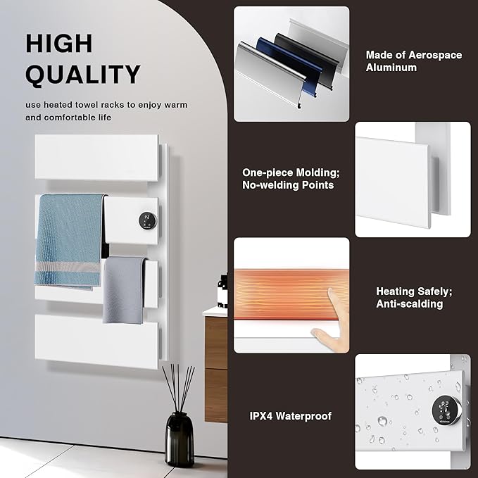 K&KALONZO Electric Towel Warmer, 18.35" W x 31" H Wall-Mounted Towel Heater with Built-in Timer, Waterproof Aluminum Towel Warmer for Bathroom, Support Plug-in and Hardwired, White, K4-R-W