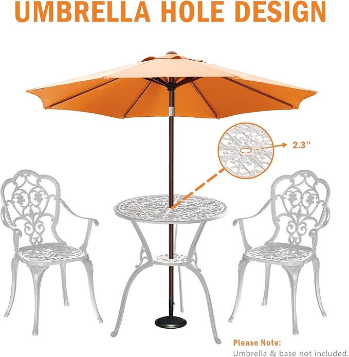 Patio Bistro Set of 2, Cast Aluminum, Outdoor Set w/Umbrella Hole, 3 Piece Table and Chairs Set, Bistro Set for Backyard/Garden/Lawn, White