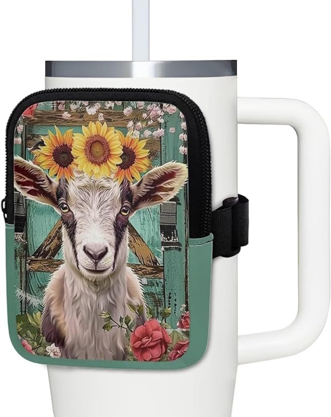 Goat Sunflower Stanley Cup Pouch with Adjustable Strap Water Bottle Storage Bag 20oz-40oz IceFlow Tumbler Pouch for Stanley Accessories