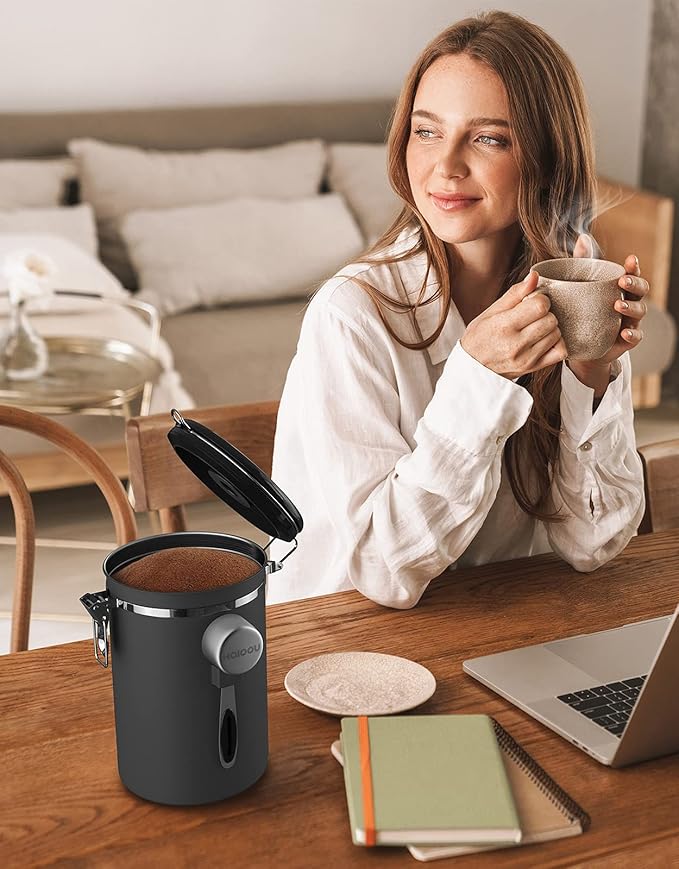 HAIOOU Airtight Coffee Canister, 22OZ +16OZ 2 Piece Stainless Steel Coffee Bean Storage Container with Date Tracker, Measuring Scoop, 6Pcs CO2 Valves, Mini Tongs for Coffee Bean, Grounds - Grey